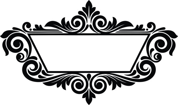 Elegant vintage black trapezoid frame vector illustration with floral swirls and filigree flourishes for retro label design.