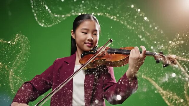 Green Screen girl in the jacket plays violin scene 1 with distortion, overlay, glitch, static noise, scan lines on black background, 4k animated video loop