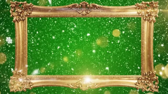 Green Screen gold frame from snowflakes in background animated christmas greeting card scene 3 with distortion, overlay, glitch, static noise, scan lines on black background, 4k video loop