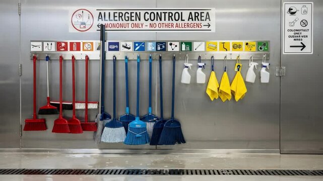 Medium shot of colorcoded cleaning tools and allergen signage in a washdown area of a mononut processing line emphasizing strict contamination avoidance.