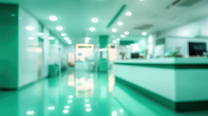 Abstract Blurred Hospital Interior in Turquoise Lighting with Reception Desk and Shiny Floor Creating Soft Light and Shadows