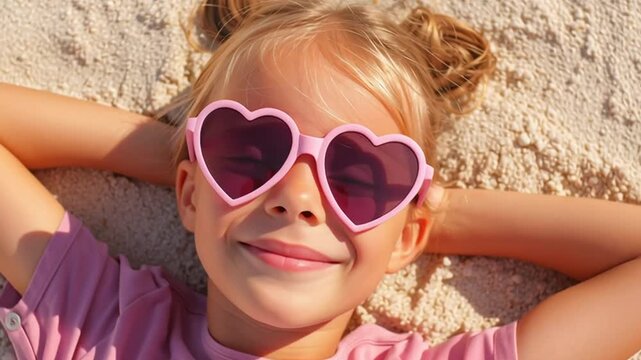 Primer plano visto desde arriba de una ni&ntilde;a rubia con mo&ntilde;os y gafas rosas con forma de coraz&oacute;n, tumbada en la arena de una playa con los brazos detras de la cabeza mirando y sonriendo