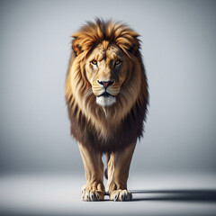 Fototapeta premium A majestic lion walks towards the camera in a studio setting with gray background.