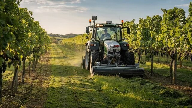 Medium shot of autonomous tractor mowing grass between vineyard rows showcasing precision agriculture technology in viticulture management.