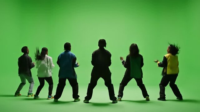 Green Screen chroma key back view group of young people dancing and jumping with hands in the air 4k uhd prores 4444 scene 3 distortion, overlay, glitch, static noise, scan lines on black background