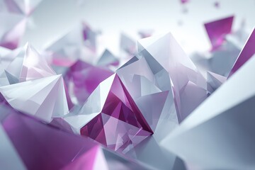 Abstract Geometric Low Poly Landscape with White and Purple Crystal Shapes and a Reflective Surface Creating an Angular Modern Design with Smooth Gradient Lighting