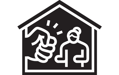 House icon with hand holding smartphone and woman profile inside, customer service call support symbol, black and white vector pictogram for help desk