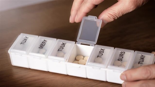 Adulto mayor organizando pastillas en un pastillero semanal