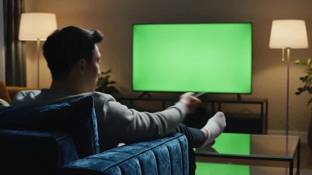 Green Screen man watching television in living room evening young guy sitting on sofa against tv with chroma back view male person switching channels using remote controller scene 1 distortion