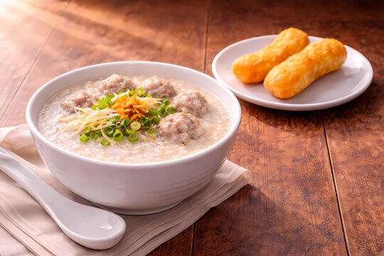 Thai Pork Porridge with Patongko on Wooden Table, Traditional Breakfast
