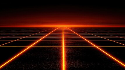 Abstract Orange Grid Pattern on Dark Background with Glowing Perspective Lines