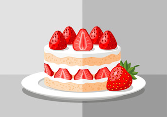 A delightful vector illustration features a layered sponge cake filled with cream and sliced strawberries, topped with whole berries and set against a split-tone grey background
