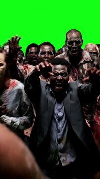 Green Screen a large crowd of zombies apocalypse halloween concept 4k animation scene 3 with distortion, overlay, glitch, static noise, scan lines on black background, animated video loop