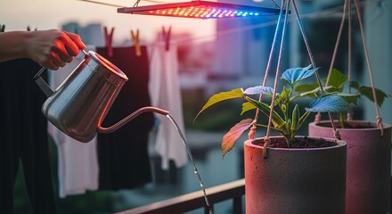 Watering Plants Under LED Grow Light.