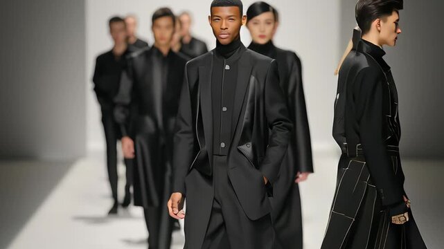 Group of diverse fashion models walking on a runway in sleek black designer outfits during a modern high fashion show
