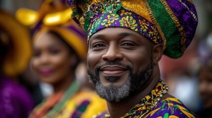 Fototapeta premium Smiling man in colorful traditional costume at a street carnival, Mardi Gras celebration, cultural festival portrait with vibrant fabrics, and festive atmosphere