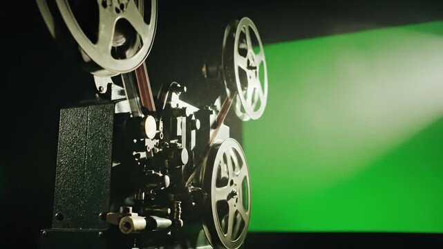 Green Screen old cinema projector displays in a dark room you can see parts of the film and his wheels that turn scene 1 with distortion, overlay, glitch, static noise, scan lines on black background