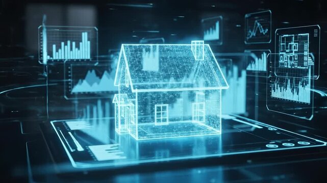 Digital smart home with data analytics and charts on screens.