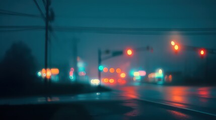 City Street at Rainy Night with Blurred Traffic Lights and Wet Pavement Reflecting Red and Green Lights and Overhead Cables in Dark Blue Background