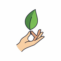Hand gently holding a vibrant green leaf illustration.