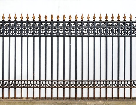 A metal fence with ornate details and pointed tips