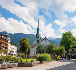 church Pfarrkirche Mayrhofen, market place. pictorial tourist resort austria, tyrol