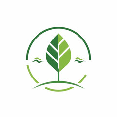 Obraz premium Stylized Green Leaf Logo with Circular Frame and Wavy Lines.