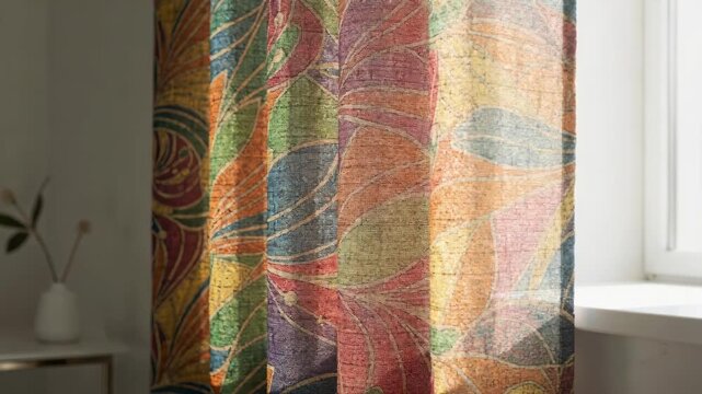 Medium shot of woven curtain panels featuring vibrant rotary screen printed patterns with bold flowing designs catching soft natural light.
