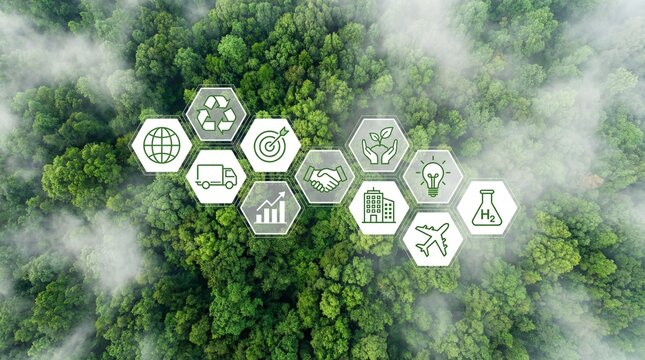 Sustainable Development Icons on Green Forest Background Representing Environmental Strategies in Modern Business
