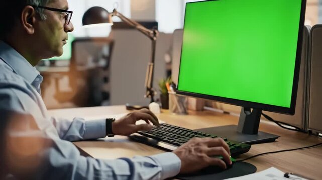 Green Screen close up of monitor in office employee works on computer types text enters data into the database chromokey scene 4 with distortion, overlay, glitch, static noise, scan lines black