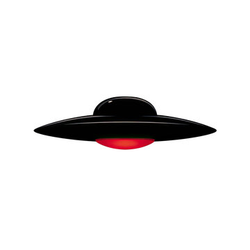 A dark silhouetted UFO with a glowing red underbelly on a stark black background