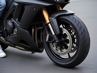 Obraz premium Close-up view of a black motorcycle's front wheel and suspension on a gray asphalt road surface