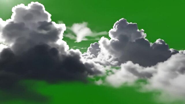 Green Screen a 4k footage of white fluffy clouds on scene 2 with distortion, overlay, glitch, static noise, scan lines black background, animated video loop