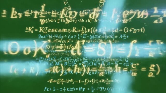 Green Screen camera flies through math formulas on background calculations functions equations matrix made up of abstract cognitive process concept seamless loop greenscreen chromakey scene 4 with