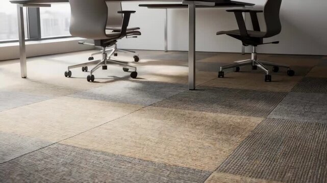Medium shot of dense acoustic carpet tiles installed in a modern office showcasing their soundabsorbing texture and easy modular arrangement.
