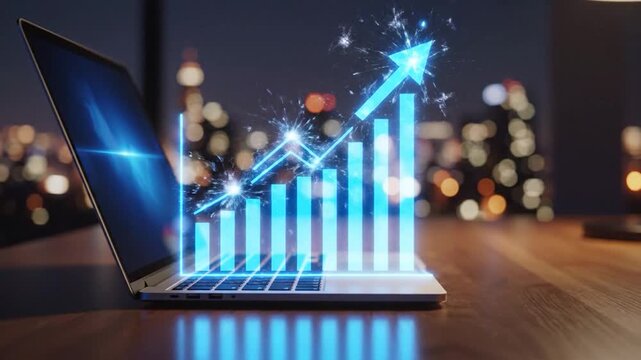 Stock Market Growth Visualization on Laptop Screen - Financial Success Concept.