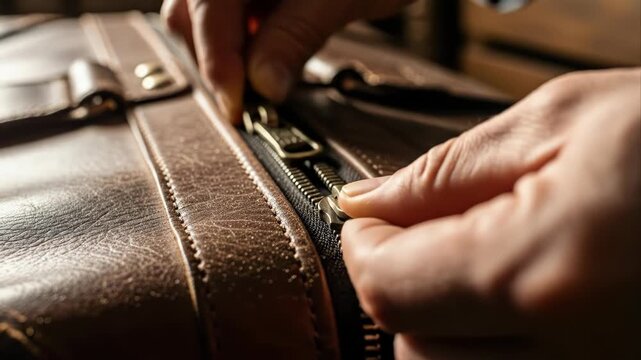 Hand closing a zipper on a brown leather bag