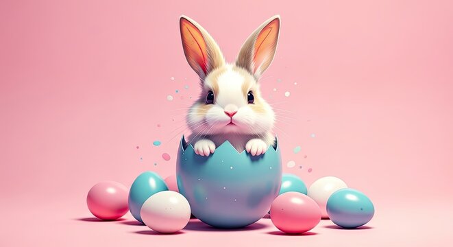 Easter day celebration with easter bunny emerging from blue egg surrounded by colorful eggs