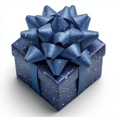 Naklejka premium A beautifully wrapped blue gift box featuring a starry pattern and a large decorative bow on top. Generative AI.
