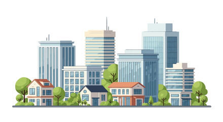 Diverse cityscape with modern high-rises and suburban homes, surrounded by green trees. © Ilma