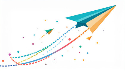 A stylized illustration of colorful paper planes flying upward on vibrant trajectories surrounded by scattered dots on a white background