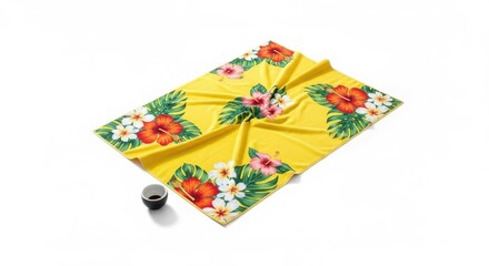 Yellow hawaiian fabric with floral pattern isolated on white background