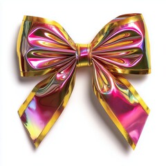 Naklejka premium A vibrant and shiny pink ribbon bow featuring iridescent and holographic textures, isolated on a white background. Generative AI.