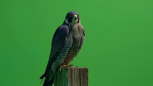 Detailed view of a majestic peregrine falcon poised for flight isolated on bright green screen background