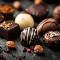 Assorted Gourmet Chocolate Truffles and Pralines with Nuts on a Dark Background