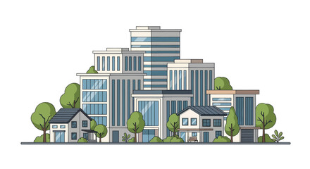 Naklejka premium Modern Cityscape with Diverse Buildings and Greenery