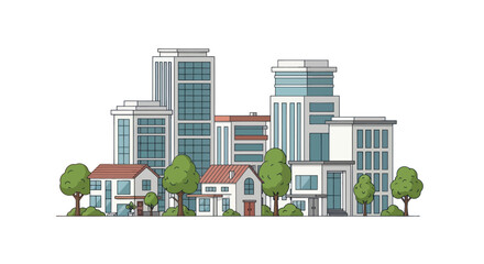 Naklejka premium Modern City Skyline with Diverse Buildings and Green Trees