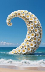 Fototapeta premium Daisy wave curls in ocean, sky backdrop. Bright flowers form natural arch over turquoise waters.