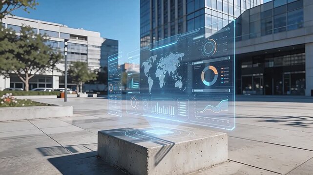 Interfaces de realidad aumentada flotando en una plaza urbana moderna
