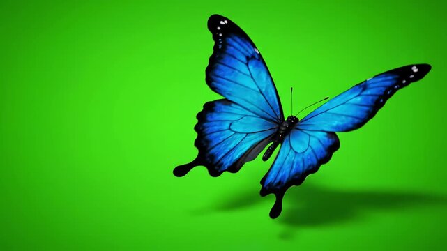 Green Screen morpho menelaus blue butterfly flying on a background beautiful 3d animation with passes of shadow and global illumination 4k scene 3 distortion, overlay, glitch, static noise, scan lines